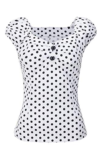 Las Mujer Vintage Algodón Polka Dot 50s Camisetas Tops Retro De Blusa tee White S