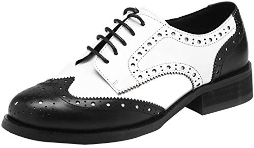 Las mujeres perforaron Wingtip Leather Oxfords, Vintage Brogue cÃ³modo Office Low Heel Shoes Blanco negro 39
