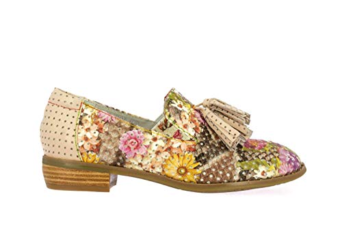 Laura Vita, CLCAUDIEO 059, Derbies artesanales cosidos a mano, piel para mujer, zapatos de ciudad de verano, con suela cómoda, estilo original flor, marrón, Marrón (marrón), 41 EU