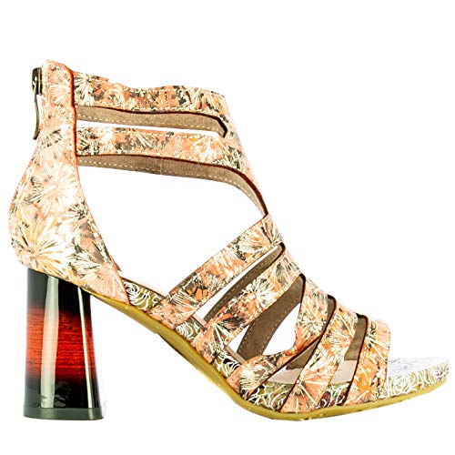 Laura Vita, HACSIO 02, sandalias de piel para mujer, zapatos de verano, puntera abierta, tobillo, suela cómoda con tacón, estilo original flor, coral, Naranja (coral), 36 EU