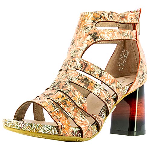 Laura Vita, HACSIO 02, sandalias de piel para mujer, zapatos de verano, puntera abierta, tobillo, suela cómoda con tacón, estilo original flor, coral, Naranja (coral), 36 EU