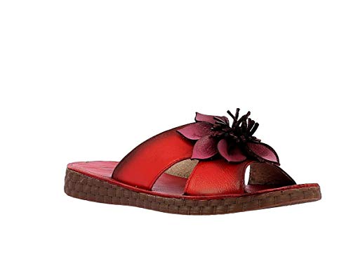 Laura Vita, Heczo 06, zapatillas de piel de colores para mujer, zapatos de ciudad de verano, planos, suela cómoda, estilo original flor, negro, Rojo (rojo), 38 EU
