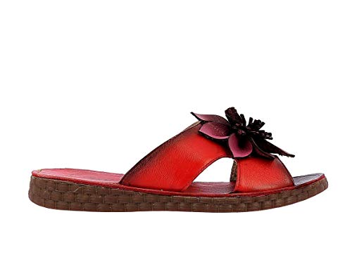 Laura Vita, Heczo 06, zapatillas de piel de colores para mujer, zapatos de ciudad de verano, planos, suela cómoda, estilo original flor, negro, Rojo (rojo), 38 EU