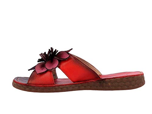 Laura Vita, Heczo 06, zapatillas de piel de colores para mujer, zapatos de ciudad de verano, planos, suela cómoda, estilo original flor, negro, Rojo (rojo), 39 EU