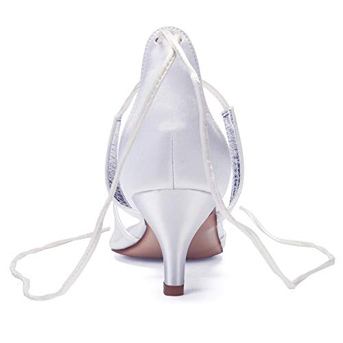 LGYKUMEG Zapatos para Novia, Punta Estrecha de Las Mujeres Tacones Peep Toes Zapatos Boda Fiesta Satén Rhinestones Cordones Zapatos de Boda,Plata,42EU/11US/9UK