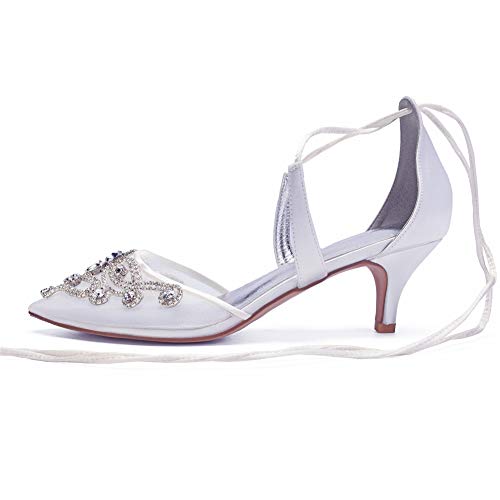 LGYKUMEG Zapatos para Novia, Punta Estrecha de Las Mujeres Tacones Peep Toes Zapatos Boda Fiesta Satén Rhinestones Cordones Zapatos de Boda,Plata,42EU/11US/9UK