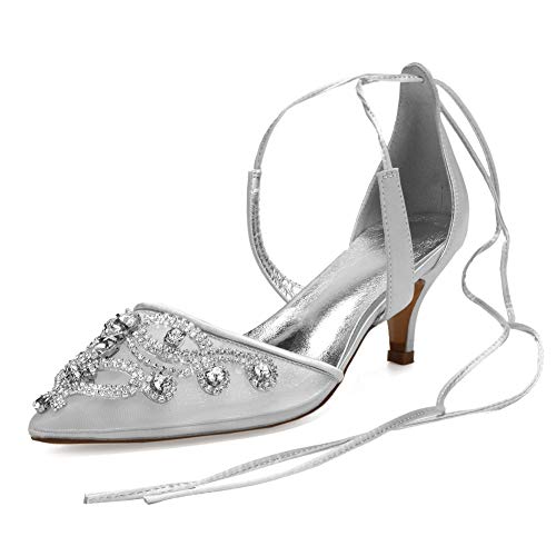 LGYKUMEG Zapatos para Novia, Punta Estrecha de Las Mujeres Tacones Peep Toes Zapatos Boda Fiesta Satén Rhinestones Cordones Zapatos de Boda,Plata,42EU/11US/9UK