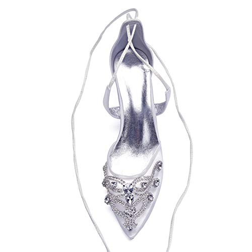 LGYKUMEG Zapatos para Novia, Punta Estrecha de Las Mujeres Tacones Peep Toes Zapatos Boda Fiesta Satén Rhinestones Cordones Zapatos de Boda,Plata,42EU/11US/9UK