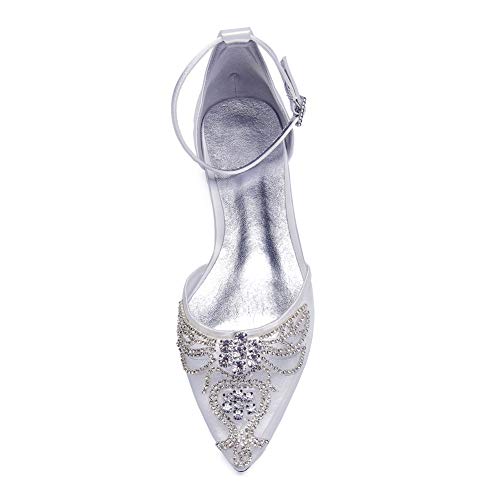LGYKUMEG Zapatos Planos para Novia, Peep Toes Zapatos Boda Fiesta Mujer Abrochan Los Satén Zapatos para Novia Primavera Verano Mocasines para Mujer Zapatos de Boda,Plata,38EU/7US/5UK