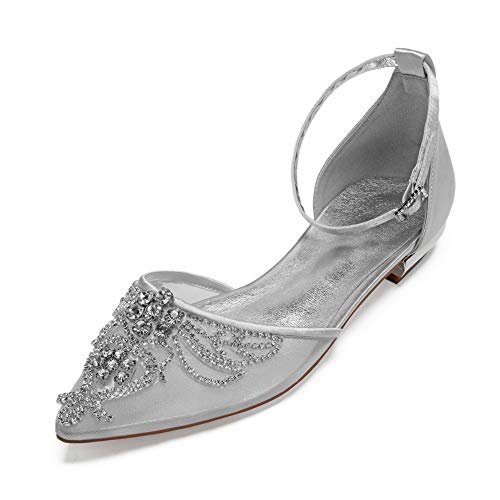 LGYKUMEG Zapatos Planos para Novia, Peep Toes Zapatos Boda Fiesta Mujer Abrochan Los Satén Zapatos para Novia Primavera Verano Mocasines para Mujer Zapatos de Boda,Plata,38EU/7US/5UK