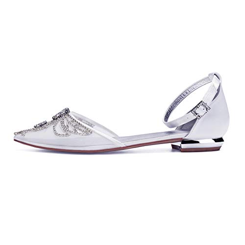 LGYKUMEG Zapatos Planos para Novia, Peep Toes Zapatos Boda Fiesta Mujer Abrochan Los Satén Zapatos para Novia Primavera Verano Mocasines para Mujer Zapatos de Boda,Plata,38EU/7US/5UK