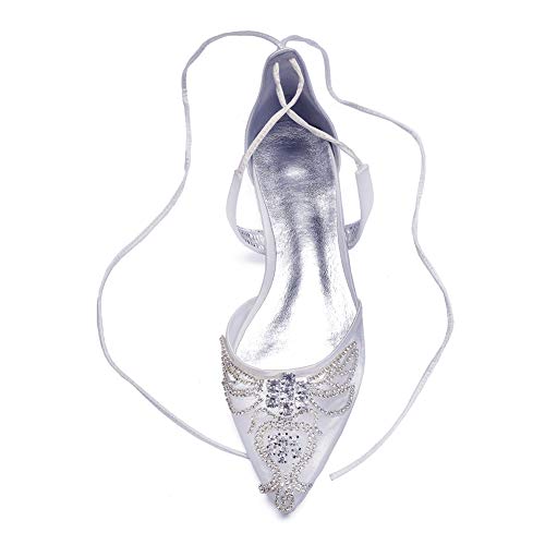 LGYKUMEG Zapatos Planos para Novia, Peep Toes Zapatos Boda Fiesta Mujer Abrochan Los Satén Zapatos para Novia Primavera Verano Zapatos de Boda,Plata,39EU/8US/6UK
