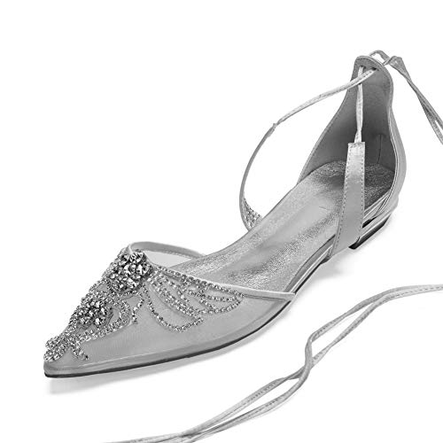 LGYKUMEG Zapatos Planos para Novia, Peep Toes Zapatos Boda Fiesta Mujer Abrochan Los Satén Zapatos para Novia Primavera Verano Zapatos de Boda,Plata,39EU/8US/6UK