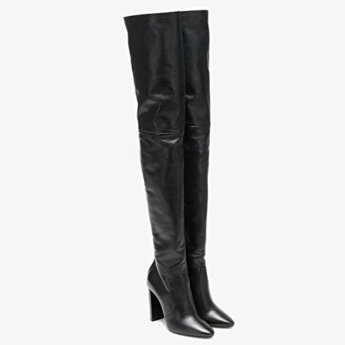 LHZHH Botas con Cordones sobre la Rodilla, Botas clásicas de Punta Larga y Puntiaguda, Botas Altas hasta el Muslo de tacón Grueso para Mujer, Botas largas de tacón Alto para otoño e Invierno
