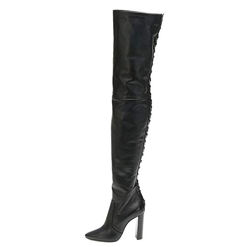 LHZHH Botas con Cordones sobre la Rodilla, Botas clásicas de Punta Larga y Puntiaguda, Botas Altas hasta el Muslo de tacón Grueso para Mujer, Botas largas de tacón Alto para otoño e Invierno