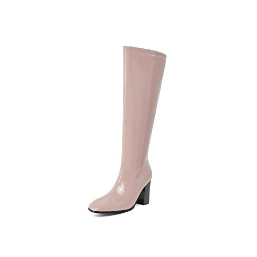 LHZHH Mujer Elegant Botas Altas Tacón Anchos, Botas Altas De Charol De Tacón Grueso con Punta Cuadrada, Botas De Mujer con Cremallera Lateral (Color : Flesh, Size : 42EU)