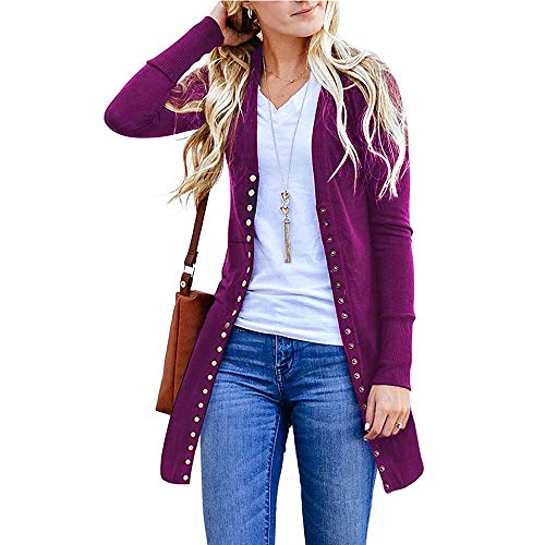 LIEBE721 Mujer Invierno Cardigan Morado Jersey de Punto Suelto Color Sólido Chaqueta Botón Suéter para Otoño Invierno Pullover Camisetas Túnicas