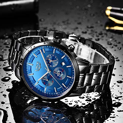 LIGE Reloj para Hombre Acero Inoxidable Impermeable Multifunción Analógico Cuarzo Cronógrafo Deportivo Calendario Reloj Casual para Hombre (Blue Silver)