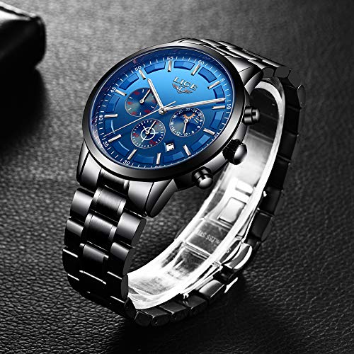 LIGE Reloj para Hombre Acero Inoxidable Impermeable Multifunción Analógico Cuarzo Cronógrafo Deportivo Calendario Reloj Casual para Hombre (Blue Silver)