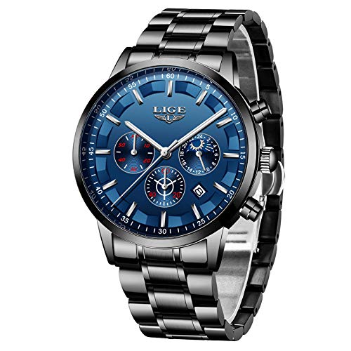 LIGE Reloj para Hombre Acero Inoxidable Impermeable Multifunción Analógico Cuarzo Cronógrafo Deportivo Calendario Reloj Casual para Hombre (Blue Silver)