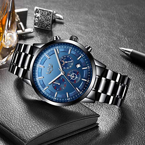 LIGE Reloj para Hombre Acero Inoxidable Impermeable Multifunción Analógico Cuarzo Cronógrafo Deportivo Calendario Reloj Casual para Hombre (Blue Silver)