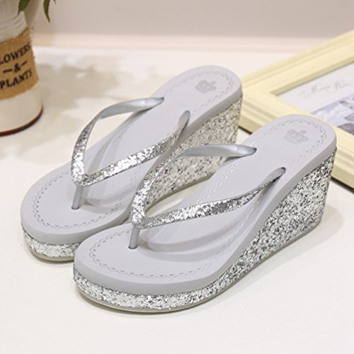 LINNUO Chanclas Cuñas Mujer con Lentejuelas Casual Sandalias de Playa Verano Flip Flops Plataformas Pantuflas Tacon (Plata,CN 35)
