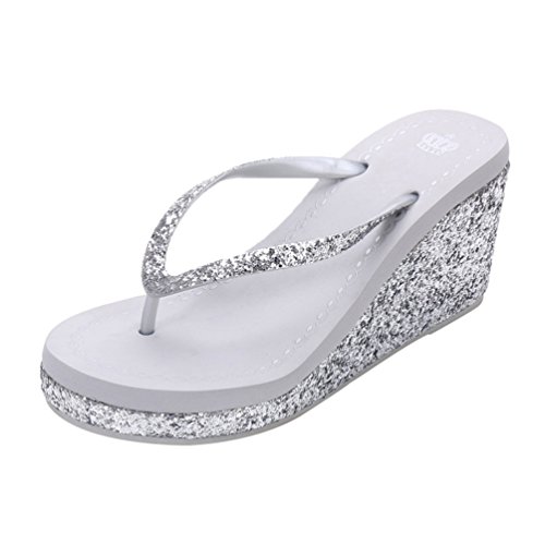 LINNUO Chanclas Cuñas Mujer con Lentejuelas Casual Sandalias de Playa Verano Flip Flops Plataformas Pantuflas Tacon (Plata,CN 35)