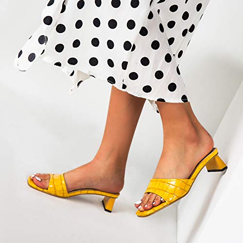 LIURUIJIA - Sandalias de tacón medio de bloque de las mulas de moda con patrón de serpiente de deslizamiento en diapositivas LX67042, color Amarillo, talla 40 EU