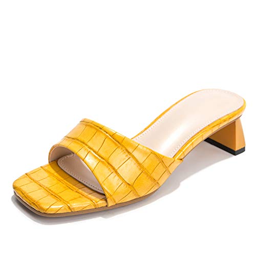 LIURUIJIA - Sandalias de tacón medio de bloque de las mulas de moda con patrón de serpiente de deslizamiento en diapositivas LX67042, color Amarillo, talla 40 EU