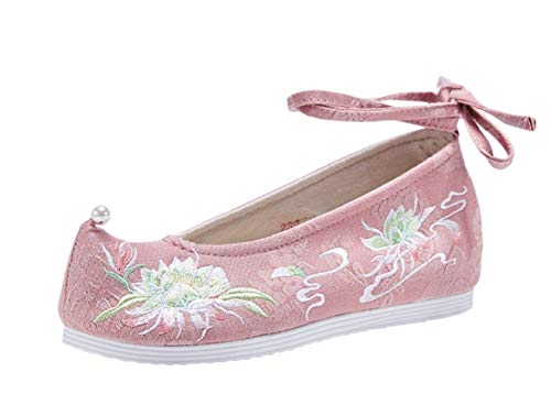 Liveinu Zapatos de Mujer con Cuña Cordón Sandalias Bordados Retro Mary Janes Lona Zapatos Comodos Fiesta Baile Qipao Zapatos de Tela Bordados de Flores Zapatillas de casa 39 EU Rosa