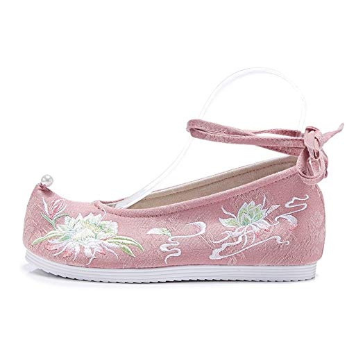 Liveinu Zapatos de Mujer con Cuña Cordón Sandalias Bordados Retro Mary Janes Lona Zapatos Comodos Fiesta Baile Qipao Zapatos de Tela Bordados de Flores Zapatillas de casa 39 EU Rosa