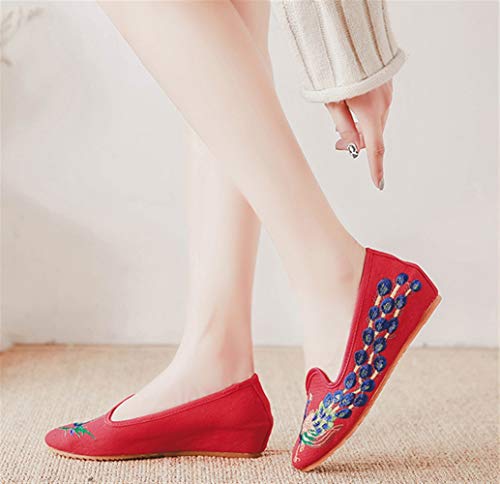 Liveinu Zapatos de Mujer Mary Jane Qipao Manoletinas de Estilo Chino, Vintage,Bordadas Casuales Suela Suave Zapatos de Mary Janes 38 EU Rojo