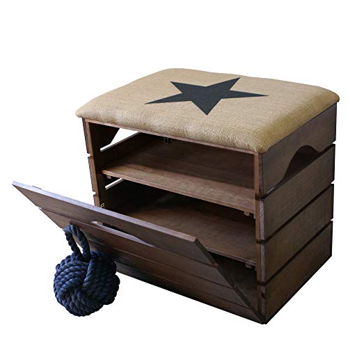 Liza Line Mueble Zapatero de Madera con Puerta (Marrón Nogal), Banco con Asiento Acolchado, Tela Natural. Guardar, Ordenar Calzado, Zapatos, Zapatillas. Pino Macizo. Estrella Negra - 51x47x35 cm