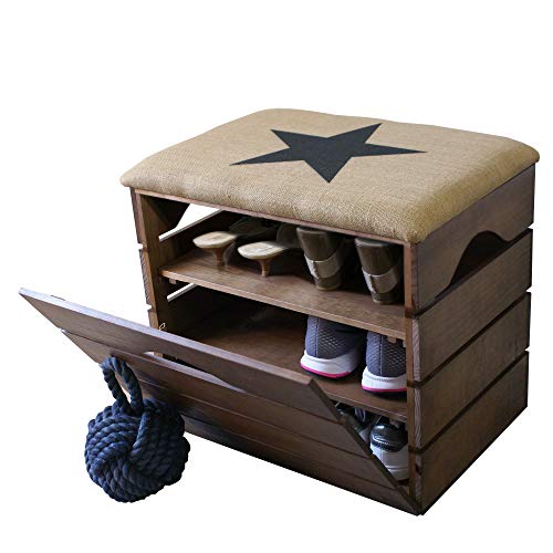 Liza Line Mueble Zapatero de Madera con Puerta (Marrón Nogal), Banco con Asiento Acolchado, Tela Natural. Guardar, Ordenar Calzado, Zapatos, Zapatillas. Pino Macizo. Estrella Negra - 51x47x35 cm