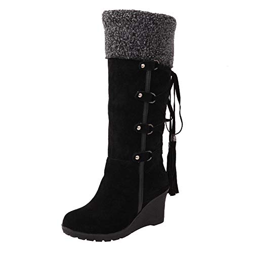 Logobeing Botines Mujer Planos Tacon Zapatos de Mujer Después de Lijar con Borlas Botas Altas Mangas Cuñas Botas de Nieve Zapatos de Plataforma(37,Negro)