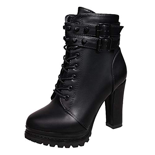 Logobeing Zapatos de Tacón Alto Botas Mujer Invierno Martain Boot Zapatos con Cordones de Cuero Botines Mujer Tacon Plataforma Zapatos (38,Negro)