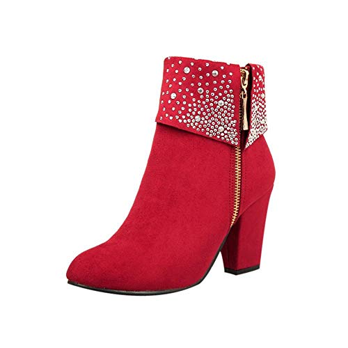 Logobeing Zapatos Mujer Tacones Botines Mujer Tacon Medio Planos Invierno Alto Botas de Mujer Casual Plataforma Nieve Ante Botas de Cordones Calientes Altas Boots(39,Rojo)