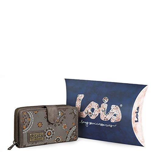 Lois - Cartera Estampada con Bordados para Mujer. Motivos Mandala Lona y Cuero PU para Uso Diario con Cierre Cremallera y Botón Comodísima Protección RFID 304416, Color Marron