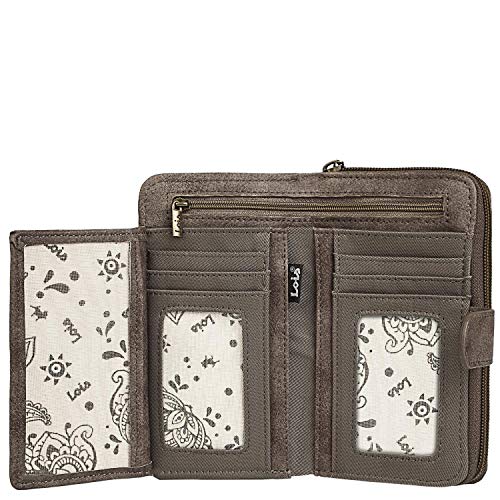 Lois - Cartera Estampada con Bordados para Mujer. Motivos Mandala Lona y Cuero PU para Uso Diario con Cierre Cremallera y Botón Comodísima Protección RFID 304416, Color Marron
