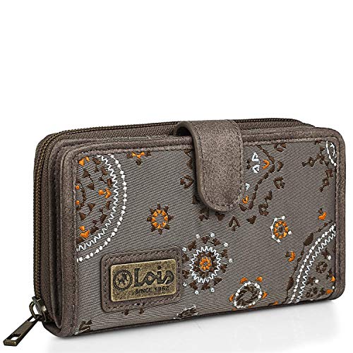 Lois - Cartera Estampada con Bordados para Mujer. Motivos Mandala Lona y Cuero PU para Uso Diario con Cierre Cremallera y Botón Comodísima Protección RFID 304416, Color Marron