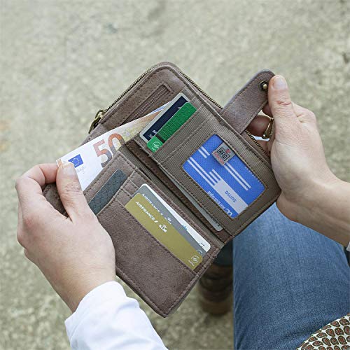 Lois - Cartera Estampada con Bordados para Mujer. Motivos Mandala Lona y Cuero PU para Uso Diario con Cierre Cremallera y Botón Comodísima Protección RFID 304416, Color Marron