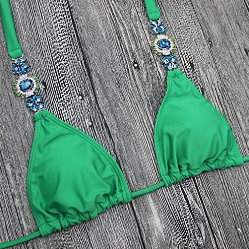 Lolittas Summer New Llegada, sexy mujer de plástico con piedras de cristal de decoración de plástico con volantes, sujetador push-up, lado de amarre, conjunto de bikini verde sólido (M, verde)
