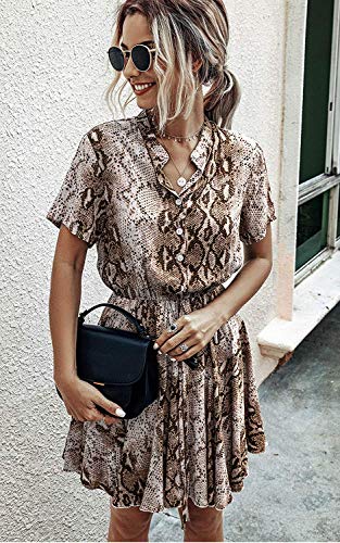 Longwu Vestido Casual Acampanado con Estampado de Cuadros y Cintura elástica de Manga Corta para Mujer con Bolsillo Serpiente Caqui-S