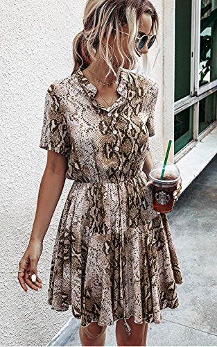 Longwu Vestido Casual Acampanado con Estampado de Cuadros y Cintura elástica de Manga Corta para Mujer con Bolsillo Serpiente Caqui-S