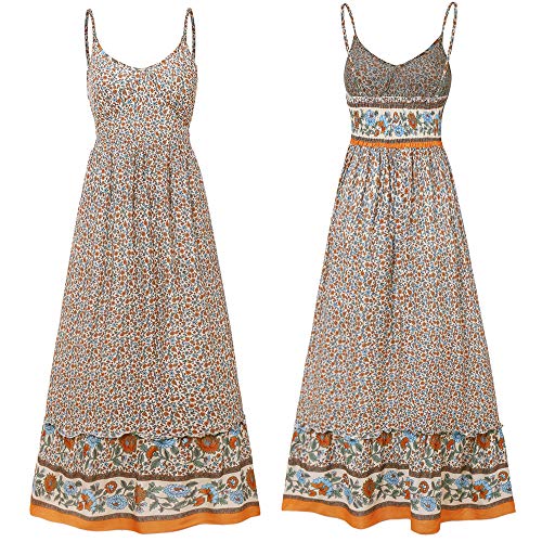 Longwu Vestido Maxi de Verano con Cuello en V Floral Sexy Boho de Las Mujeres Correa de Espagueti Ajustable sin Respaldo Cintura elástica Vestido de Verano Beige-S