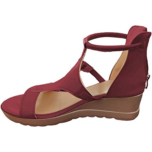 LOVEXIN Sandalias para Mujer Plataforma Alpargatas con Tacón de Plataforma Plataforma Abroche La Correa del Tobillo Encaje Encaje Zapatos de Verano para Mujer con Cremallera Trasera,Rojo,37.5
