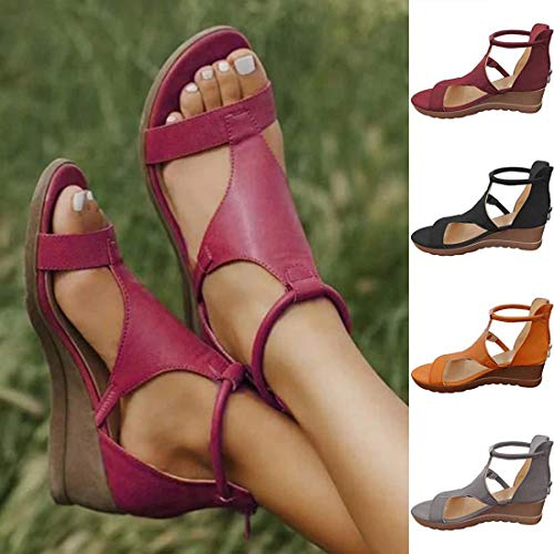 LOVEXIN Sandalias para Mujer Plataforma Alpargatas con Tacón de Plataforma Plataforma Abroche La Correa del Tobillo Encaje Encaje Zapatos de Verano para Mujer con Cremallera Trasera,Rojo,37.5