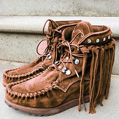 Luckycat Botas Indias para Mujer, Tacón Plano, con Flecos, Estilo Informal, Botas de Nieve Botines Planos Cremallera Suede Chelsas Mujer Tobillo Botas (Marrón-3, 42 EU)