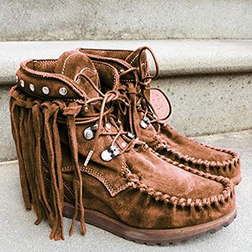 Luckycat Botas Indias para Mujer, Tacón Plano, con Flecos, Estilo Informal, Botas de Nieve Botines Planos Cremallera Suede Chelsas Mujer Tobillo Botas (Marrón-3, 42 EU)