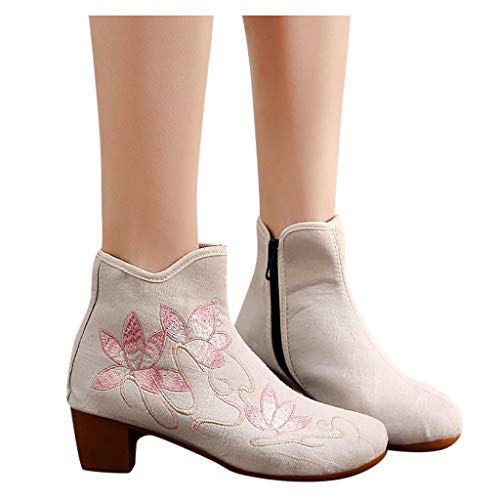 Luckycat Botas Mujer Botines con Bordado Zapatos Invierno Botas de Nieve Cálido Fur Forro Aire Libre Boots Urbano Fiesta Oficina Ayuda de Arco Botas Las Mujeres de los Cargadores de Lona del Tobillo